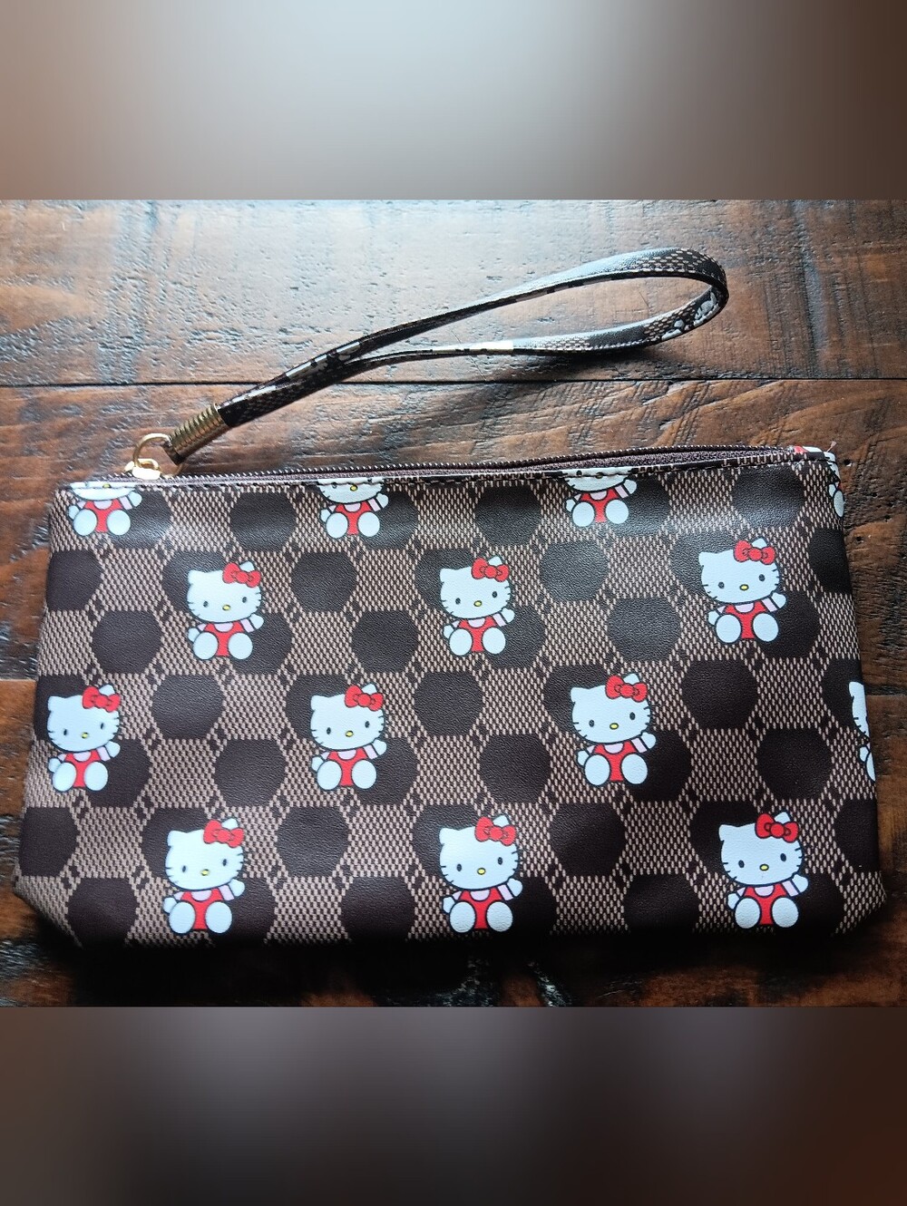 Hello Kitty Brown Patterned Wristlet Bag